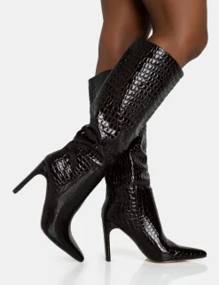 Best Undone Patent Croc Knee High Zip Up Thin Block Heeled Boots Block Heels | Heeled Boots
