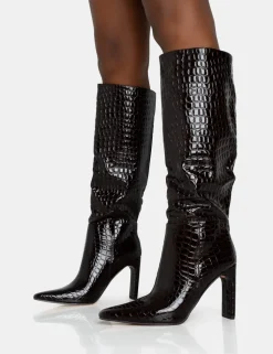 Best Undone Patent Croc Knee High Zip Up Thin Block Heeled Boots Block Heels | Heeled Boots