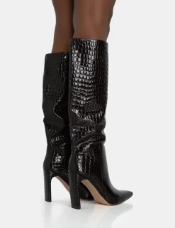 Best Undone Patent Croc Knee High Zip Up Thin Block Heeled Boots Block Heels | Heeled Boots