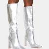 Best Undone Pu Knee High Zip Up Pointed Toe Thin Block Heeled Boots Block Heels | Heeled Boots