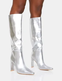 Best Undone Pu Knee High Zip Up Pointed Toe Thin Block Heeled Boots Block Heels | Heeled Boots