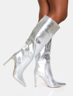 Best Undone Pu Knee High Zip Up Pointed Toe Thin Block Heeled Boots Block Heels | Heeled Boots