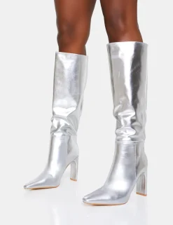 Best Undone Pu Knee High Zip Up Pointed Toe Thin Block Heeled Boots Block Heels | Heeled Boots