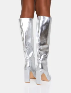 Best Undone Pu Knee High Zip Up Pointed Toe Thin Block Heeled Boots Block Heels | Heeled Boots