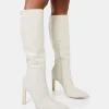 Shop Unite Ecru Croc Pointed Toe Knee High Block Heeled Boots Heeled Boots | Knee High Boots