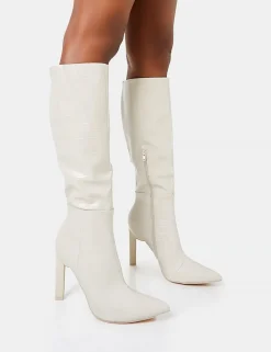 Shop Unite Ecru Croc Pointed Toe Knee High Block Heeled Boots Heeled Boots | Knee High Boots