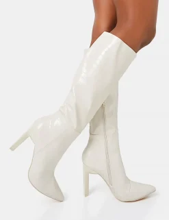 Shop Unite Ecru Croc Pointed Toe Knee High Block Heeled Boots Heeled Boots | Knee High Boots