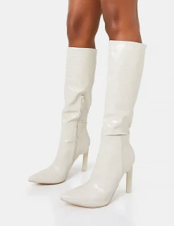Shop Unite Ecru Croc Pointed Toe Knee High Block Heeled Boots Heeled Boots | Knee High Boots