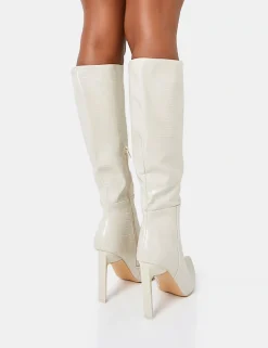 Shop Unite Ecru Croc Pointed Toe Knee High Block Heeled Boots Heeled Boots | Knee High Boots