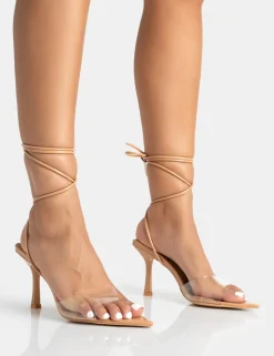 Best Unruly Nude Pu Perspex Strappy Lace Up Pointed Toe Stiletto Heels Lace Up Heels | Mid Heels