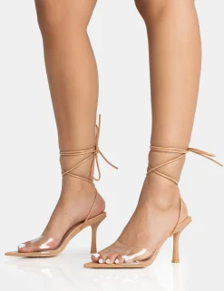 Best Unruly Nude Pu Perspex Strappy Lace Up Pointed Toe Stiletto Heels Lace Up Heels | Mid Heels