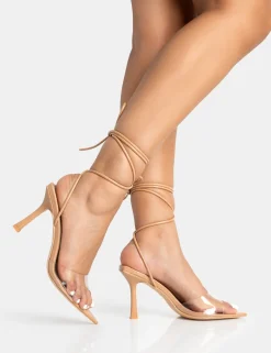 Best Unruly Nude Pu Perspex Strappy Lace Up Pointed Toe Stiletto Heels Lace Up Heels | Mid Heels