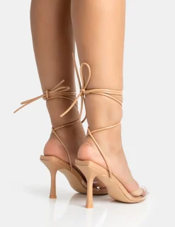 Best Unruly Nude Pu Perspex Strappy Lace Up Pointed Toe Stiletto Heels Lace Up Heels | Mid Heels