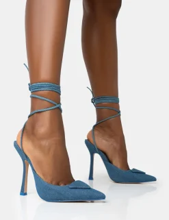 Outlet Vada Denim Slingback Lace Up Pointed Court Stiletto Heels Back In Stock | Court Heels
