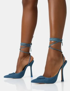 Outlet Vada Denim Slingback Lace Up Pointed Court Stiletto Heels Back In Stock | Court Heels