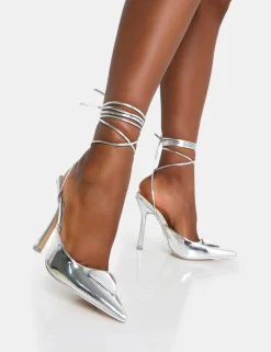 Best Vada Mirror Slingback Lace Up Pointed Court Stiletto Heels Back In Stock | Court Heels