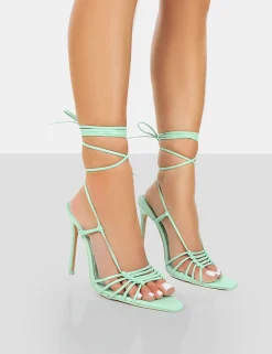Cheap Valencia Mint Pu Strappy Lace Up Pointed Toe Stiletto Heels Wide Fit Heels | Wide Fit Heels