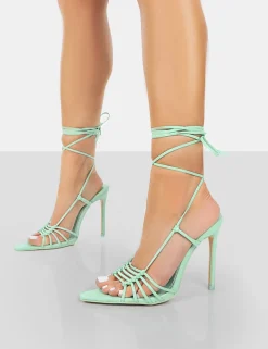 Cheap Valencia Mint Pu Strappy Lace Up Pointed Toe Stiletto Heels Wide Fit Heels | Wide Fit Heels