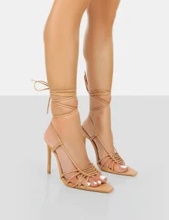 Outlet Valencia Nude Pu Strappy Lace Up Pointed Toe Stiletto Heels 5" Heels | Lace Up Heels