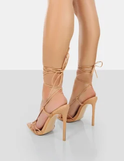Outlet Valencia Nude Pu Strappy Lace Up Pointed Toe Stiletto Heels 5" Heels | Lace Up Heels