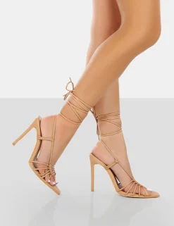 Outlet Valencia Nude Pu Strappy Lace Up Pointed Toe Stiletto Heels 5
