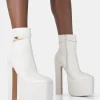 Best Sale Vally Ecru PU Extreme Platform Square Rounded Toe Block Heeled Ankle Boots Square Toe Heels | Block Heels