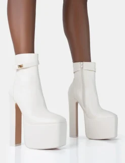 Best Sale Vally Ecru PU Extreme Platform Square Rounded Toe Block Heeled Ankle Boots Square Toe Heels | Block Heels