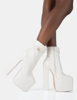 Best Sale Vally Ecru PU Extreme Platform Square Rounded Toe Block Heeled Ankle Boots Square Toe Heels | Block Heels