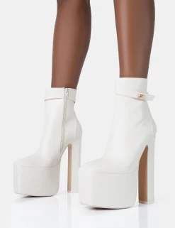 Best Sale Vally Ecru PU Extreme Platform Square Rounded Toe Block Heeled Ankle Boots Square Toe Heels | Block Heels