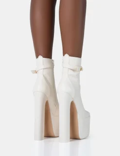 Best Sale Vally Ecru PU Extreme Platform Square Rounded Toe Block Heeled Ankle Boots Square Toe Heels | Block Heels