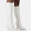 Best Sale Vanessa Ecru PU Inverted Wedge Square Toe Heeled Knee High Boots Wedges | Square Toe Heels