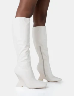 Best Sale Vanessa Ecru PU Inverted Wedge Square Toe Heeled Knee High Boots Wedges | Square Toe Heels