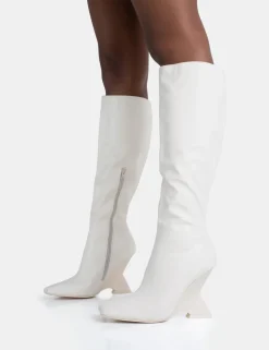 Best Sale Vanessa Ecru PU Inverted Wedge Square Toe Heeled Knee High Boots Wedges | Square Toe Heels