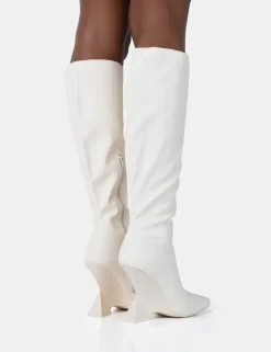 Best Sale Vanessa Ecru PU Inverted Wedge Square Toe Heeled Knee High Boots Wedges | Square Toe Heels