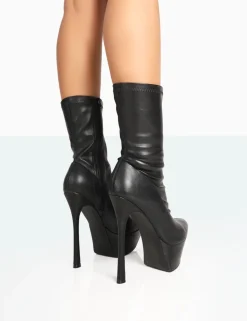 Hot Vegas Black Grain Pointed Stiletto Platform Heeled Ankle Boots 6