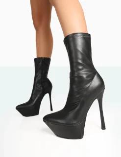 Hot Vegas Black Grain Pointed Stiletto Platform Heeled Ankle Boots 6