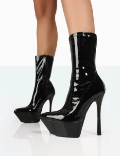 Shop Vegas Black Patent Pointed Stilleto Platform Heeled Ankle Boots 6" Heels | High Heels