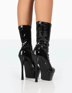 Shop Vegas Black Patent Pointed Stilleto Platform Heeled Ankle Boots 6