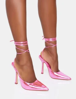 Best Verity Metallic PU Slingback Lace Up Pointed Court Stiletto Heels Court Heels | Pink Heels