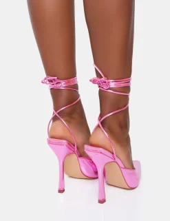 Best Verity Metallic PU Slingback Lace Up Pointed Court Stiletto Heels Court Heels | Pink Heels