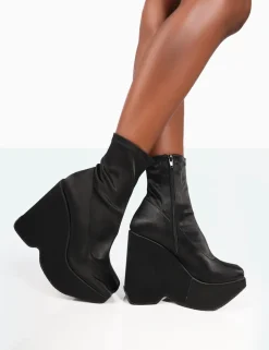 Cheap Versus Wide Fit Black Satin Platform Sole Ankle Boots Platform Heels | Wide Fit Boots