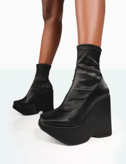 Cheap Versus Wide Fit Black Satin Platform Sole Ankle Boots Platform Heels | Wide Fit Boots