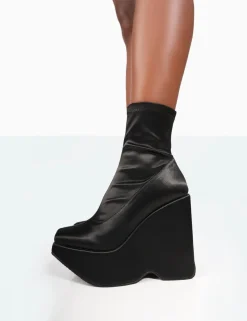 Cheap Versus Wide Fit Black Satin Platform Sole Ankle Boots Platform Heels | Wide Fit Boots