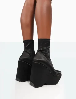 Cheap Versus Wide Fit Black Satin Platform Sole Ankle Boots Platform Heels | Wide Fit Boots