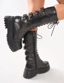 Sale Vex Multi Buckle Detail Lace Up Knee High Boots Long Boots
