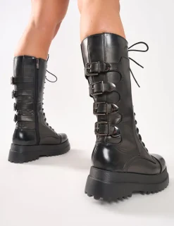 Sale Vex Multi Buckle Detail Lace Up Knee High Boots Long Boots