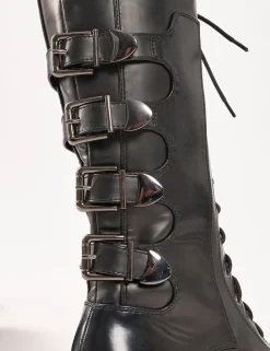 Sale Vex Multi Buckle Detail Lace Up Knee High Boots Long Boots