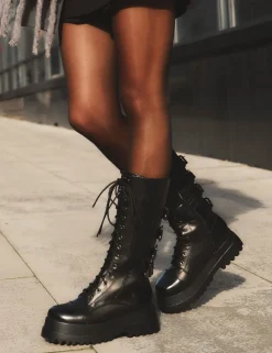Sale Vex Multi Buckle Detail Lace Up Knee High Boots Long Boots