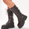Store Vex Multi Buckle Detail Lace Up Knee High Boots Knee High Boots | Long Boots