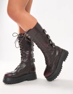 Store Vex Multi Buckle Detail Lace Up Knee High Boots Knee High Boots | Long Boots